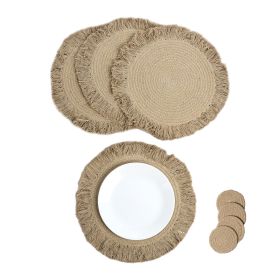 Braided Cotton Placemats 15 Inch Set of 4 with 4 Free Coasters Washable Anti Slip Heat Resistant Mats Boho Woven Round Table Mats for House Decor