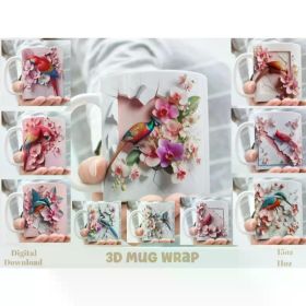 3D Effect Cracked In A Wall Birds Orchids Mug Wrap, 11 oz Mug Bundle Sublimation Wrap, Instant